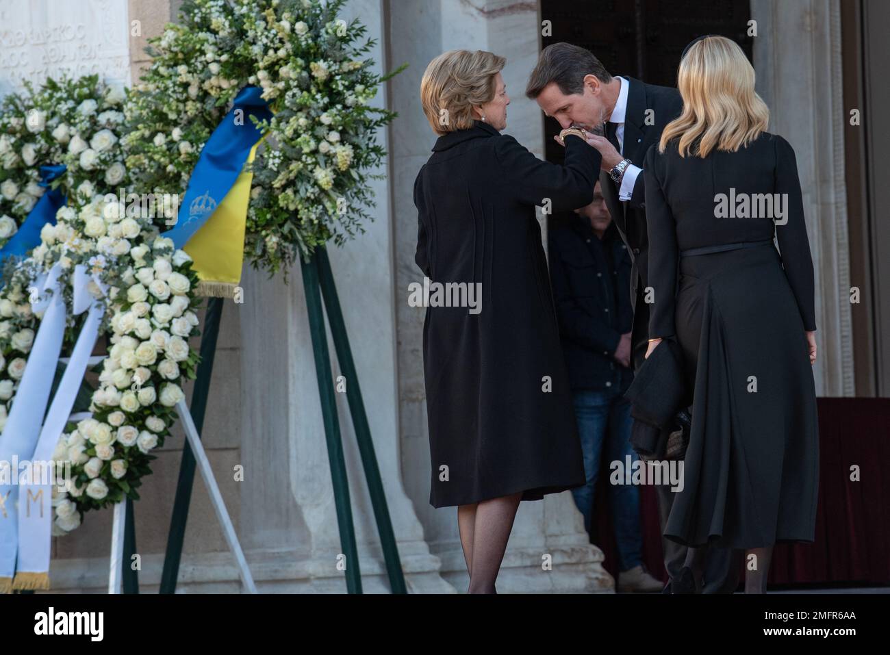 Athens, Greece. 16th January 2023. Crown Prince Pavlos greets Queen Anne-Marie at the funeral of the former King Constantine II of Greece at the Metropolitan Cathedral of Athens. Credit: Nicolas Koutsokostas/Alamy Stock Photo. Stock Photo