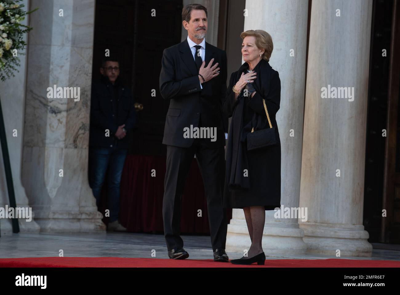 Athens, Greece. 16th January 2023. Crown Prince Pavlos and Queen Anne-Marie at the funeral of the former King Constantine II of Greece at the Metropolitan Cathedral of Athens. Credit: Nicolas Koutsokostas/Alamy Stock Photo. Stock Photo