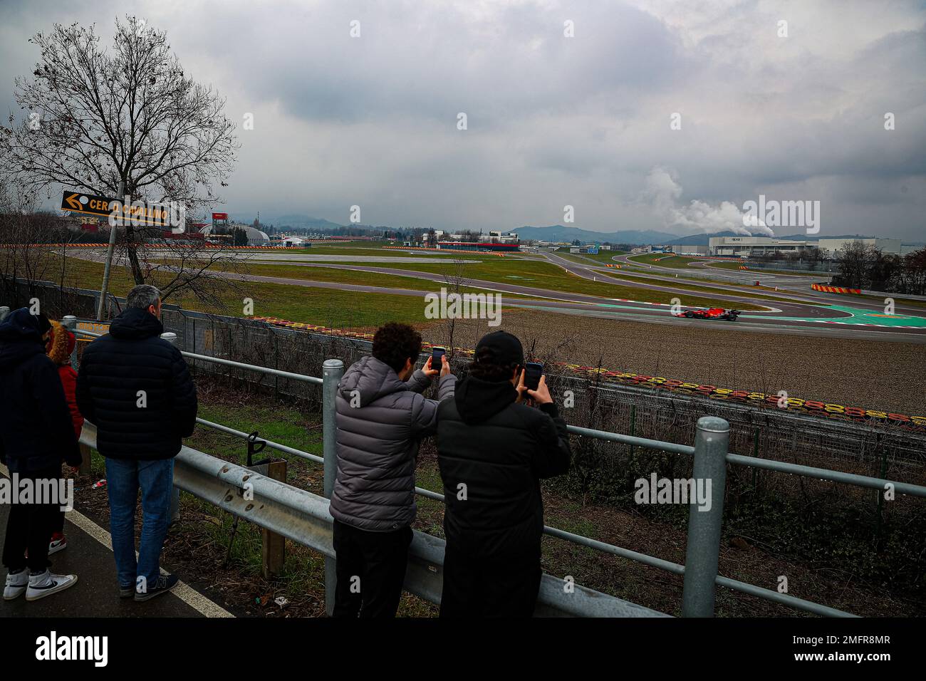 People around the Fiorano track during a test with the old 2021 Ferrari SF-21 in Fiorano/ Maranello, taining for the 2023 F1 season, 25 January 2023 Stock Photo