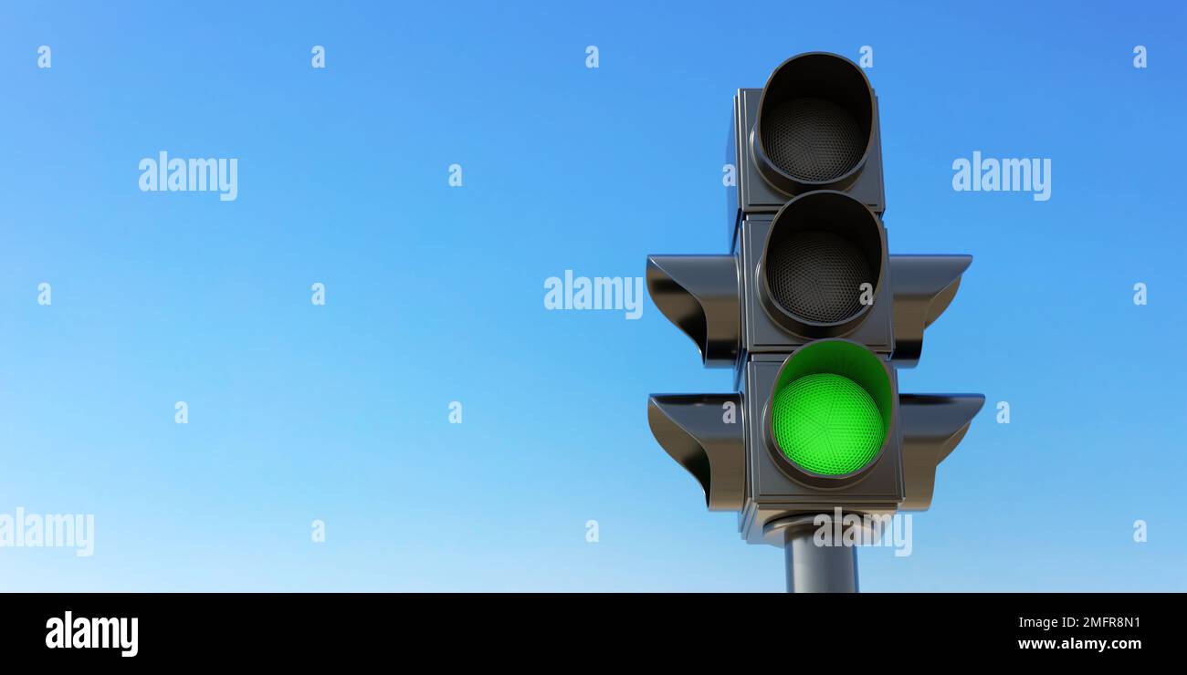 Safety travel on road concept. Traffic Light on pole, semaphore with green go signal on clear blue sky background, space for text. 3d render Stock Photo