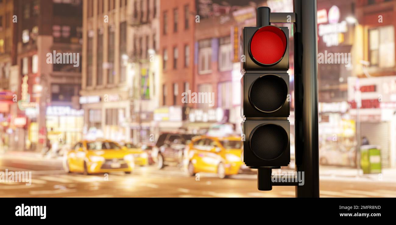 Traffic Red Light concept. Semaphore traffic stoplight on pole with red