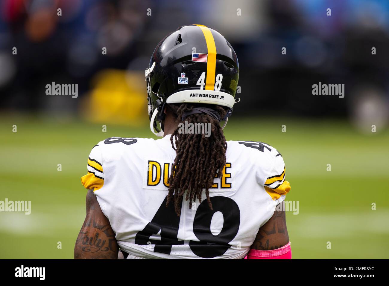 Detail view of a crucial catch and social justice sticker for Antwon Rose  Jr. on the the helmet of Pittsburgh Steelers outside linebacker Bud Dupree  (48) before an NFL football game against