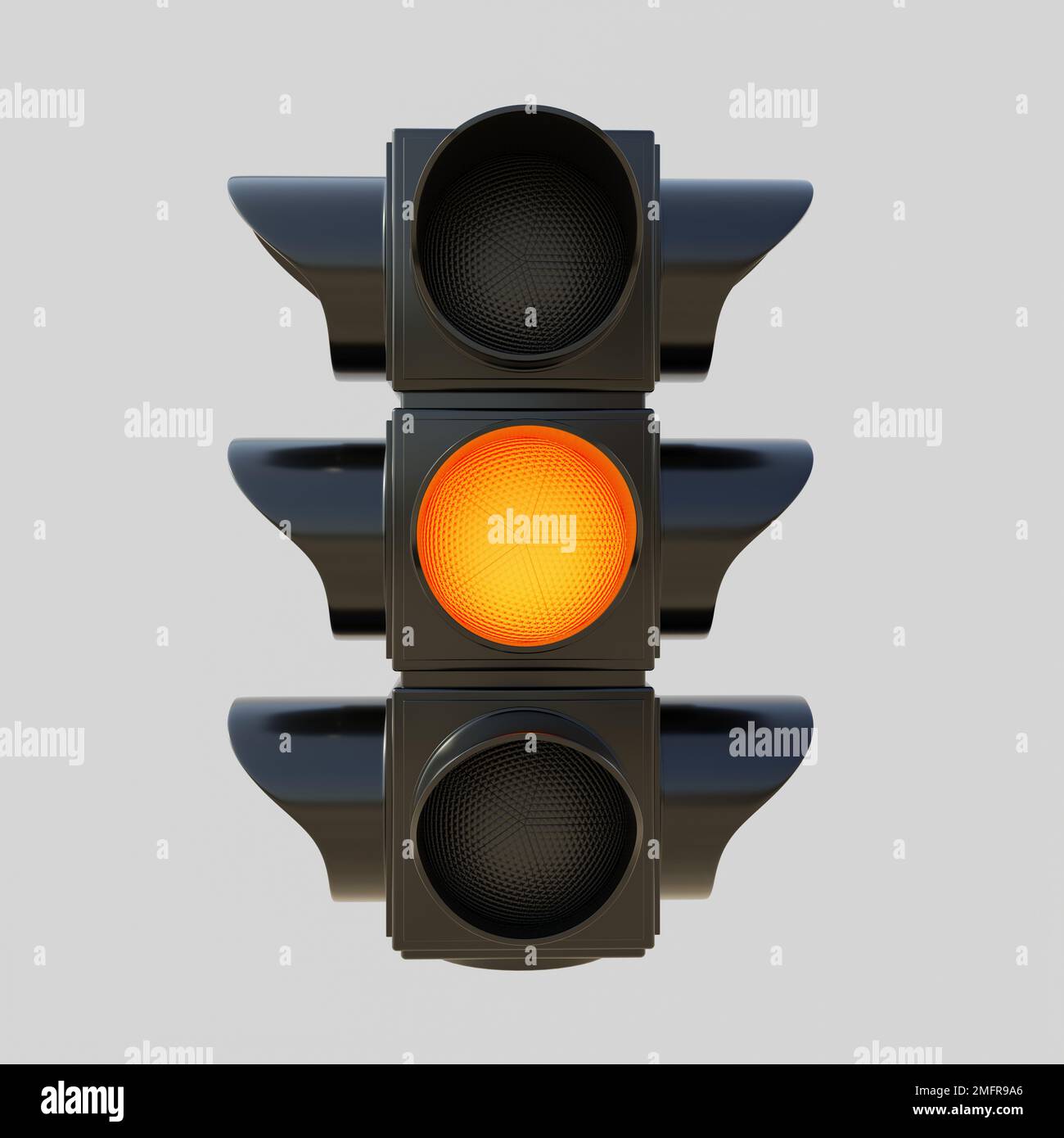 Amber, Yellow Orange Traffic Light isolated cutout on grey background. Semaphore traffic warning attention signal. Street caution concept. 3d render Stock Photo