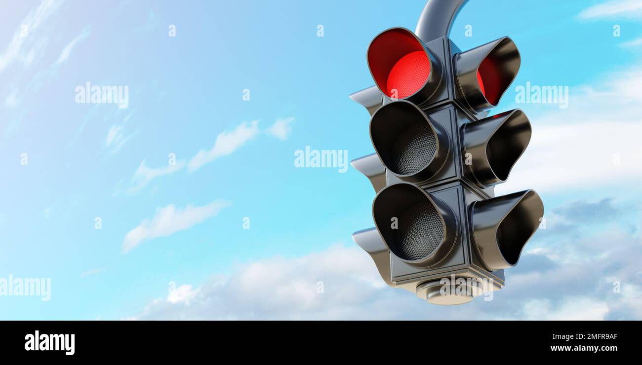 Traffic Red Light concept. Semaphore stoplight, hanging red stop signal on cloudy sky background. Danger warning for driver. Space for text. 3d render Stock Photo