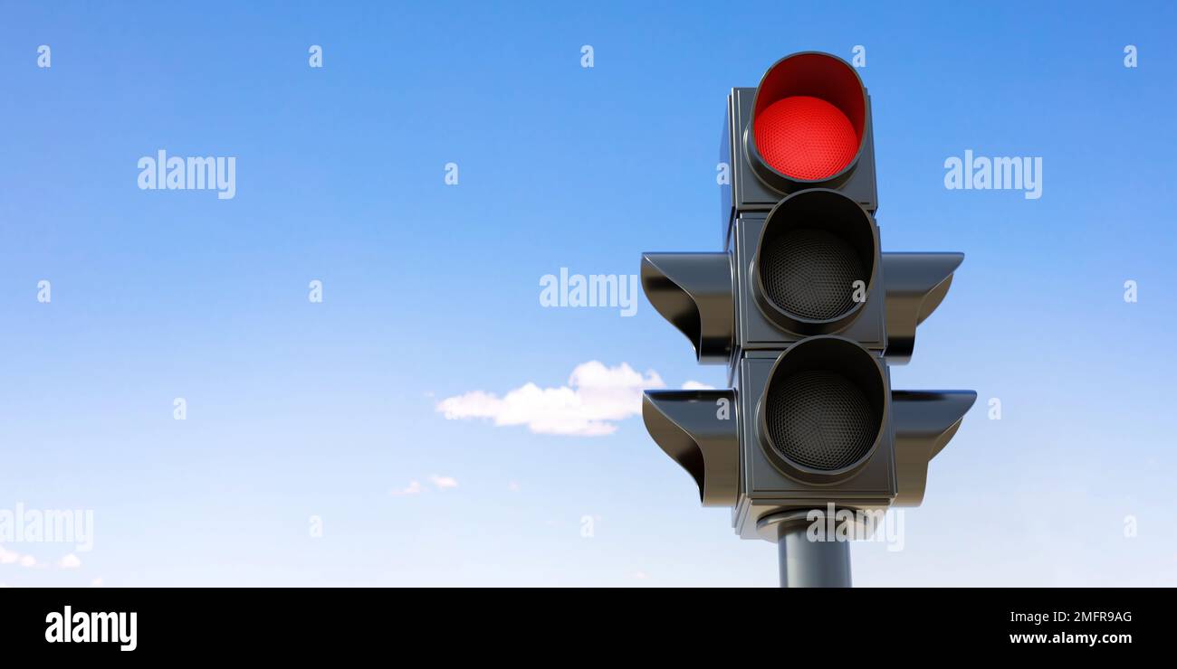 Traffic Red Light concept. Semaphore stoplight on pole, red stop signal on blue sky background. Danger warning for driver. Space for text. 3d render Stock Photo