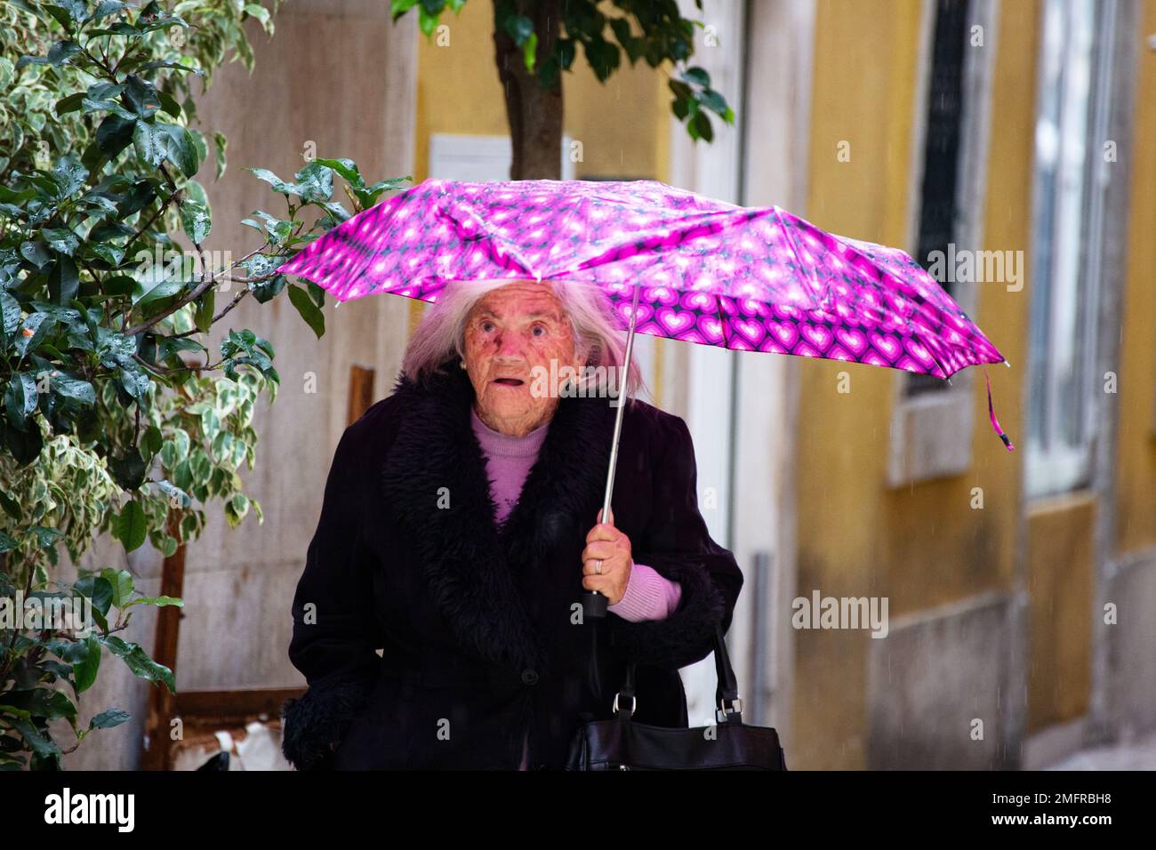 Elderly woman sheltering from the rain with an umbrella Stock Photo