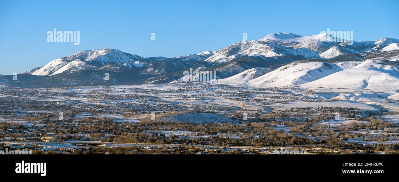 Panoramic view of Snow capped Mountains, Mt. Rose and Slide Mountain near Reno, Nevada. Stock Photo