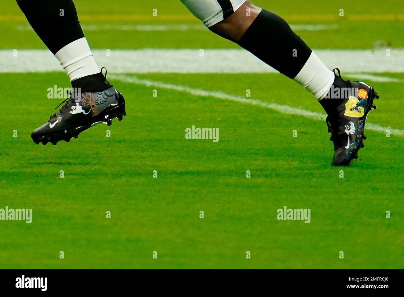 A detail shot of cleats as Las Vegas Raiders running back Josh Jacobs