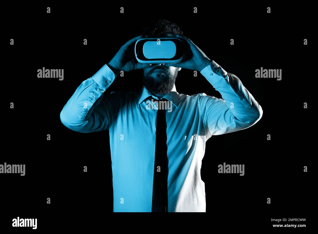 Man Wearing Vr Glasses And Looking On Important Messages. Businessman