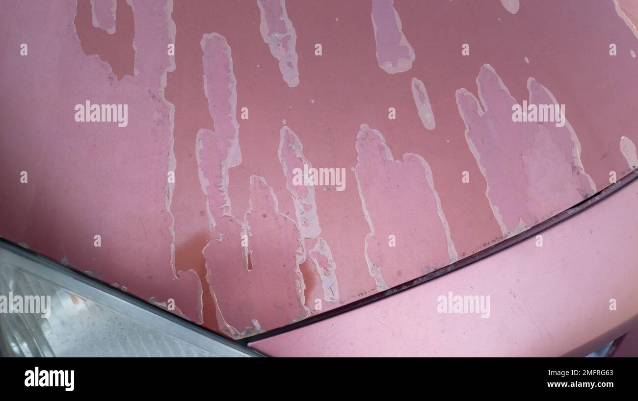 old car red engine hood burgundy used paint worn by time season