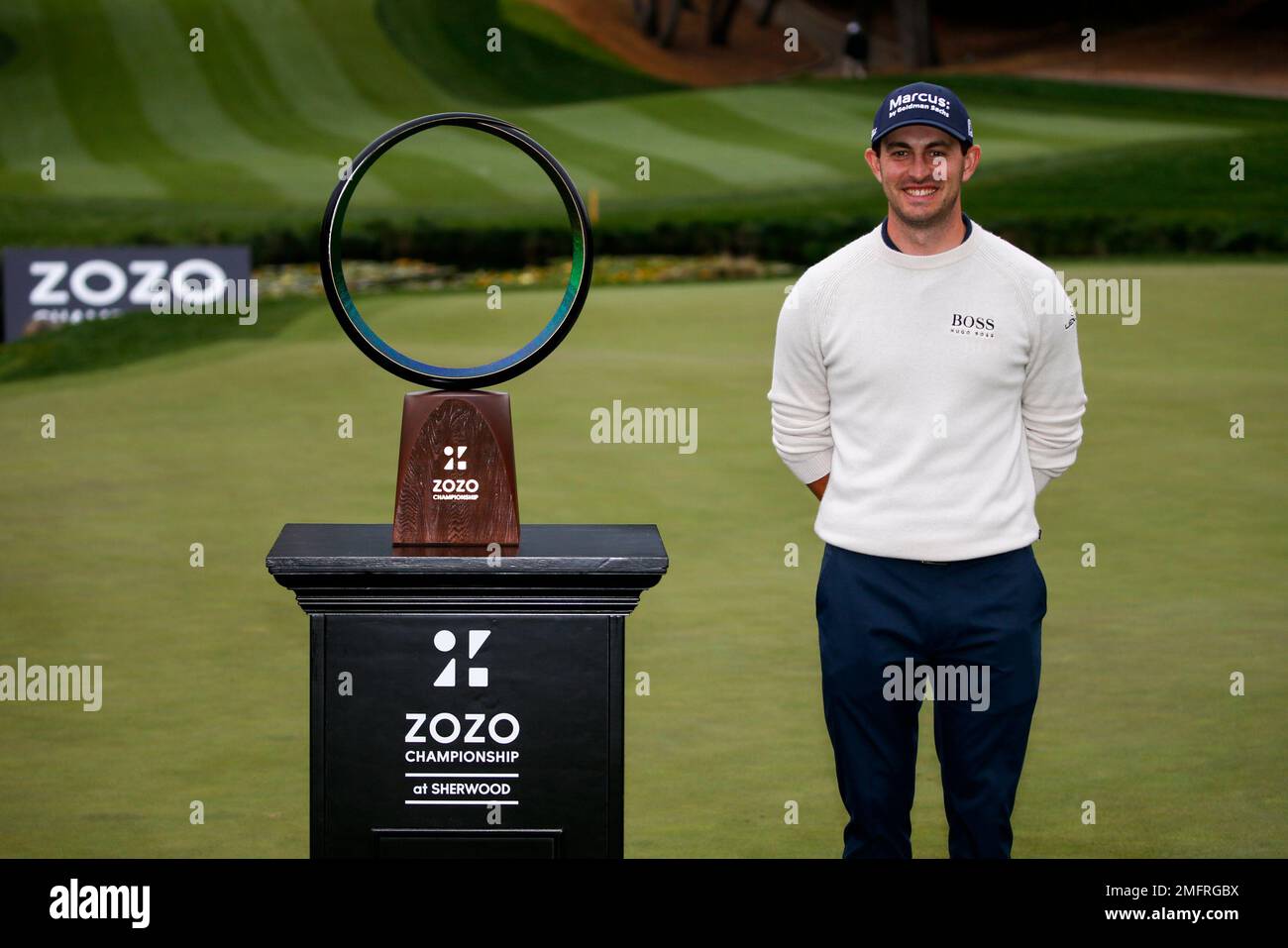 Patrick Cantlay poses with his trophy after winning the Zozo Championship golf tournament Sunday, Oct. 25, 2020, in Thousand Oaks, Calif