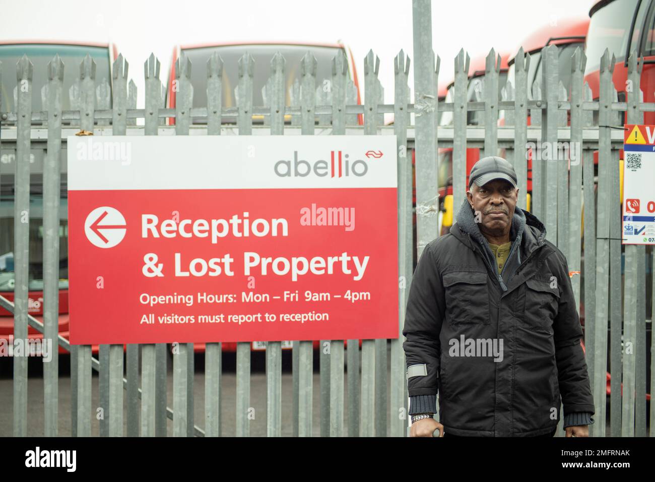 London UK - 25, Jan 2023: A bus driver striking in front of Abellio London Battersea Bus Depot demanding a salary increase. Credit: Sinai Noor/Alamy Live News Stock Photo