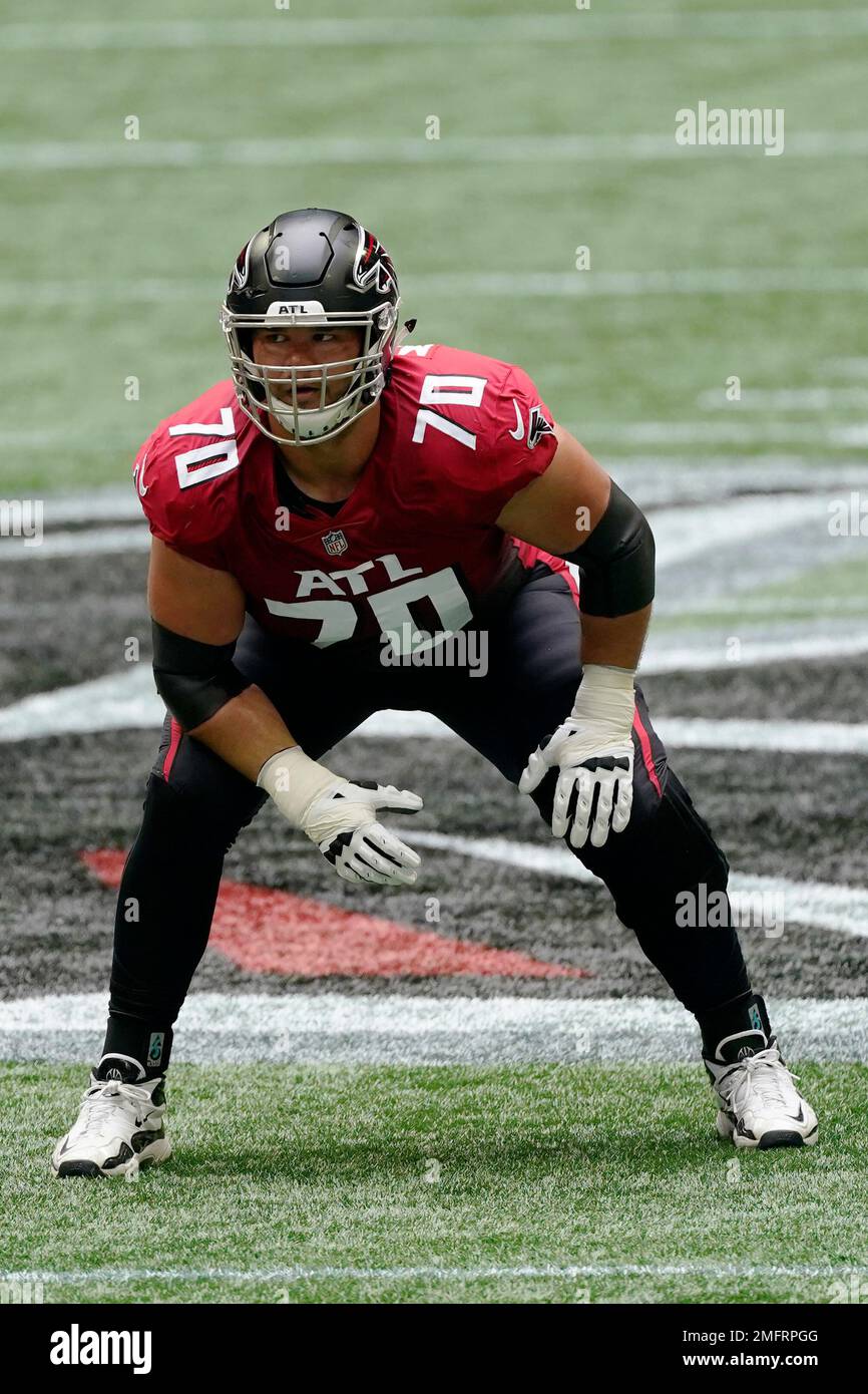 Atlanta Falcons offensive tackle Jake Matthews (70) works against the Detroit  Lions during the first half of an NFL football game, Sunday, Oct. 25, 2020,  in Atlanta. (AP Photo/John Bazemore Stock Photo - Alamy