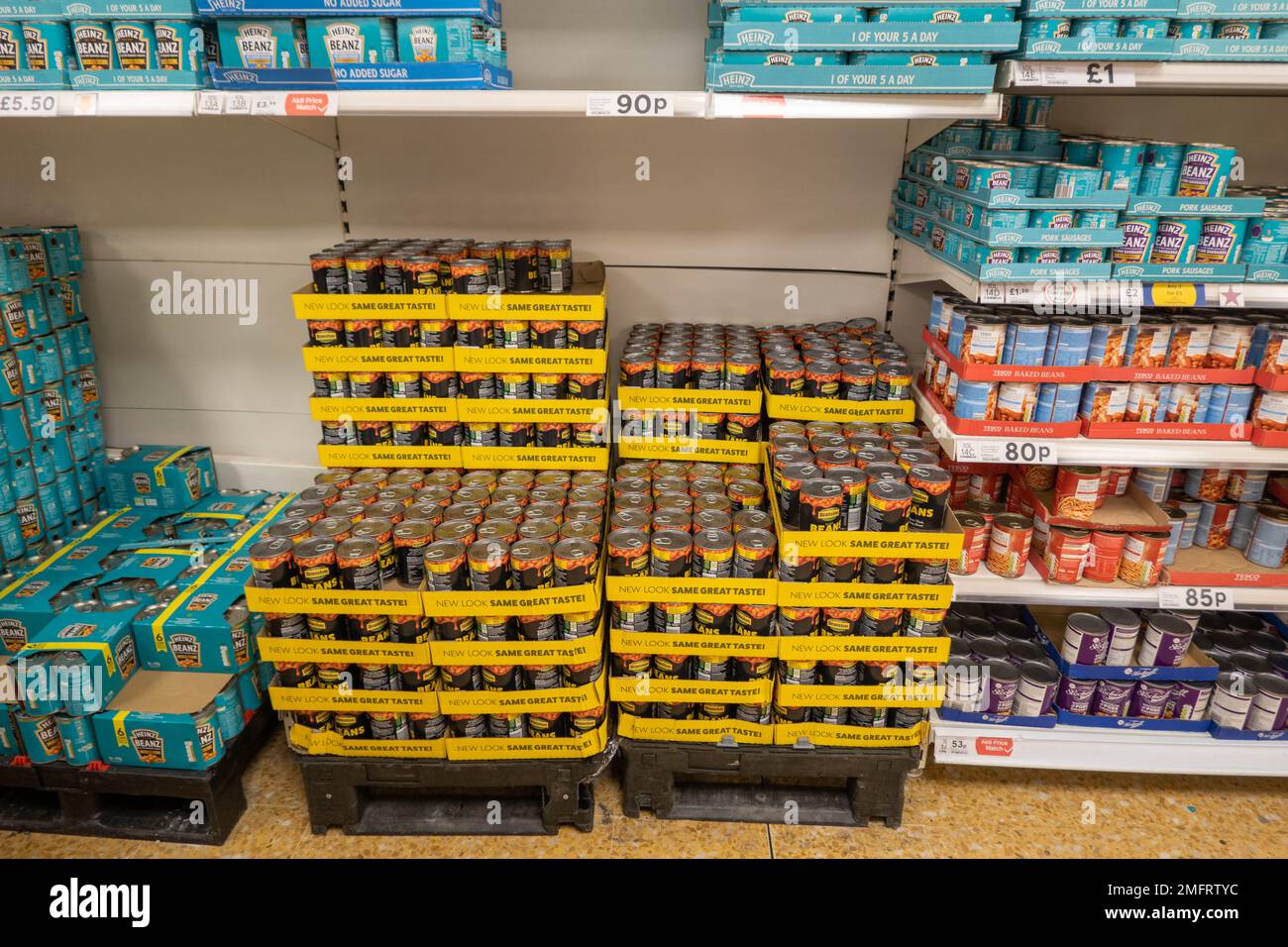 Assorted makes of Baked Beans at a Tesco supermarket in Norfolk Stock