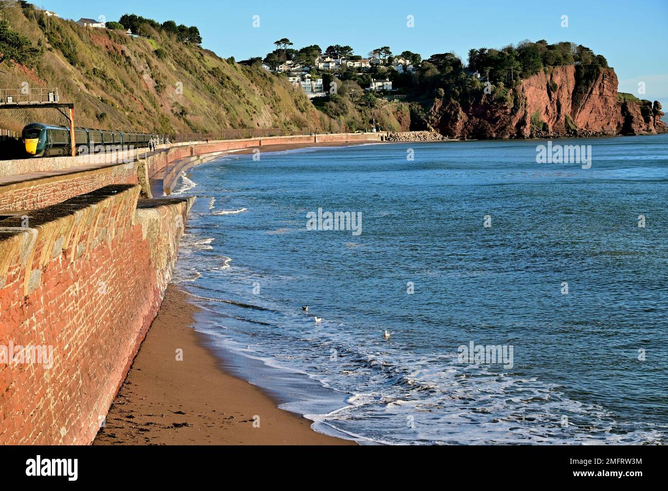 A 2-set Intercity Express Train travelling along the seawall between Sprey Point and Hole Head (Parsons tunnel), at Holcombe. Stock Photo