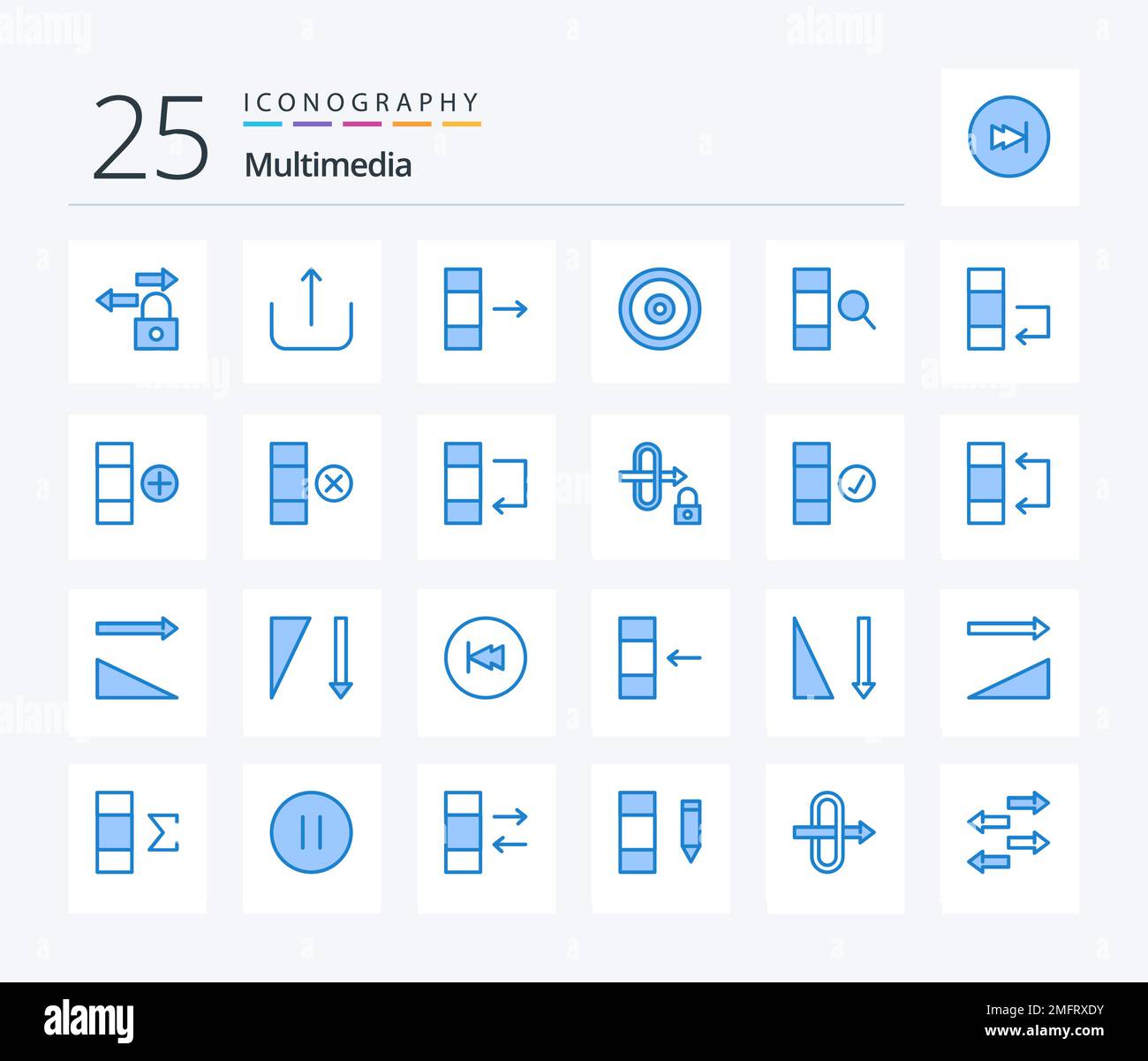 Multimedia 25 Blue Color icon pack including data. search. export. data. web Stock Vector