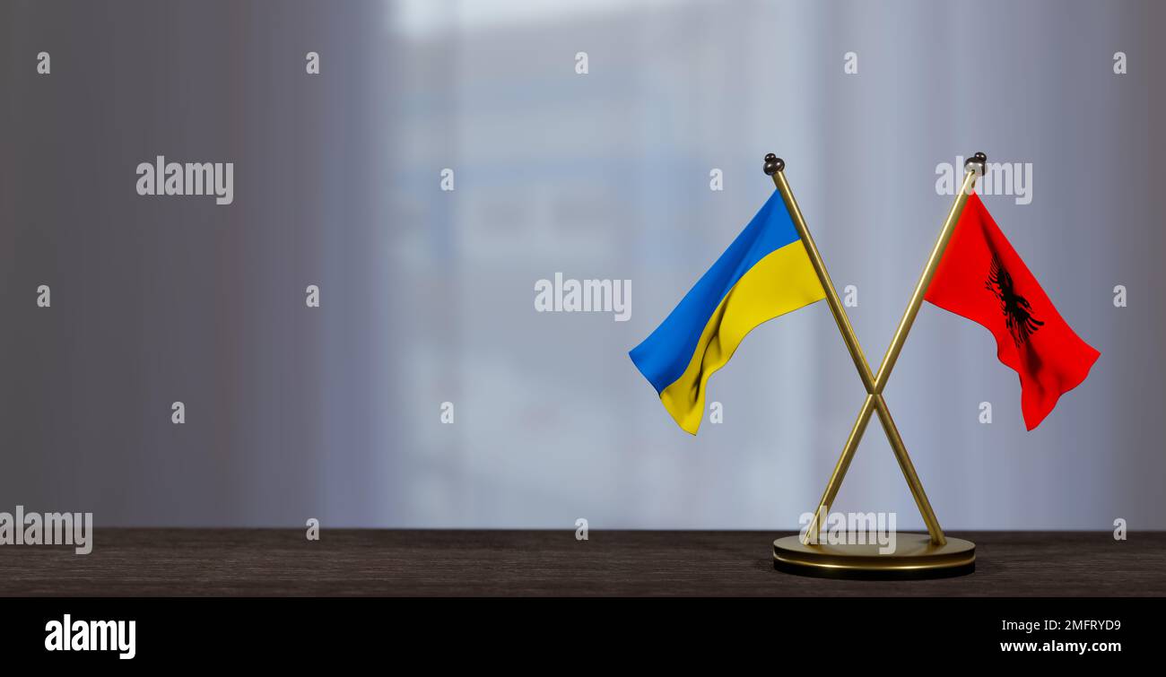 Ukraine and Albania flags on table. Negotiation between Albania and Ukraine. on little blur background. 3D work and 3D image Stock Photo