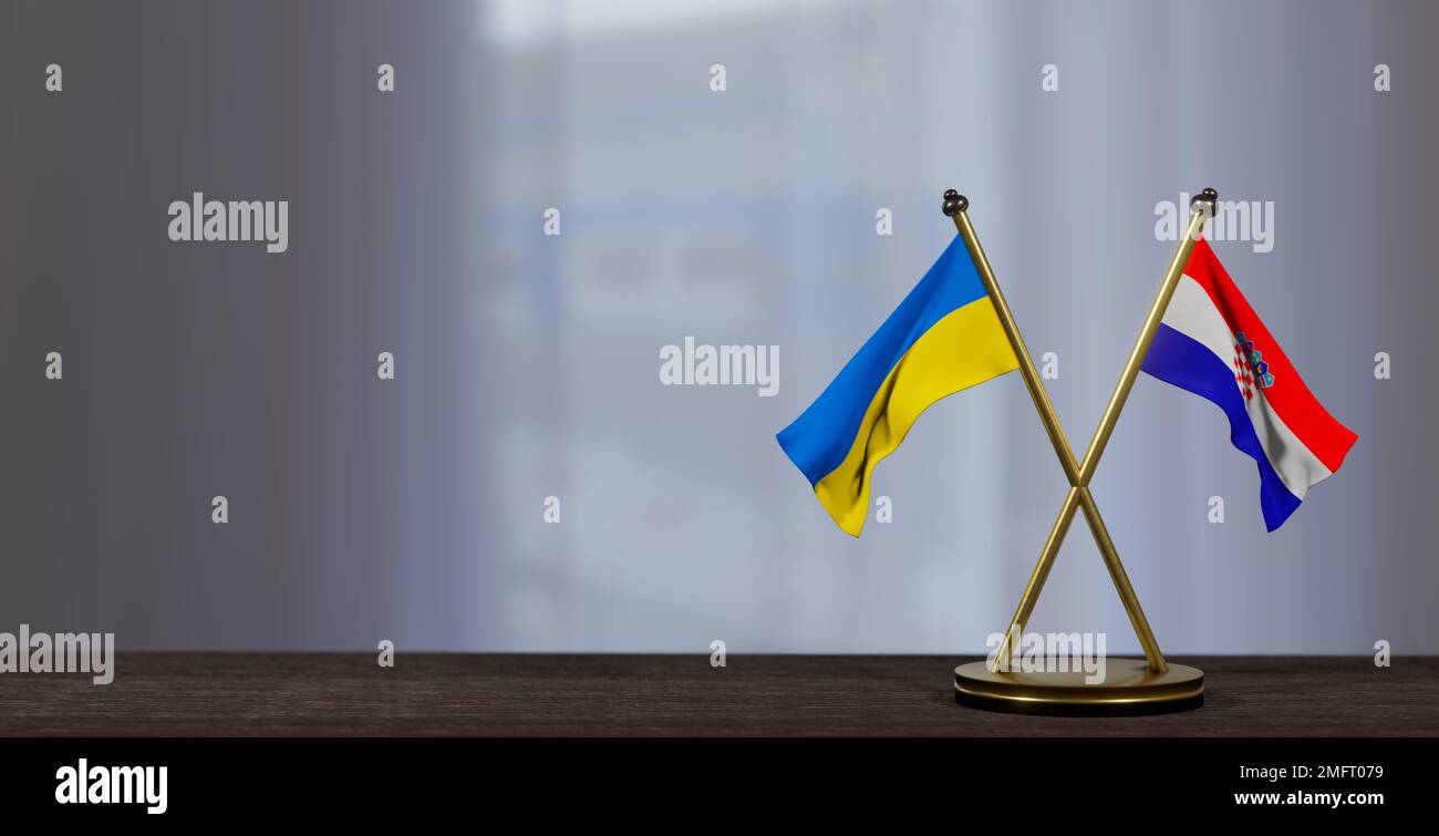 Ukraine and Croatia flags on table. Negotiation between Croatia and Ukraine. on little blur background. 3D work and 3D image Stock Photo