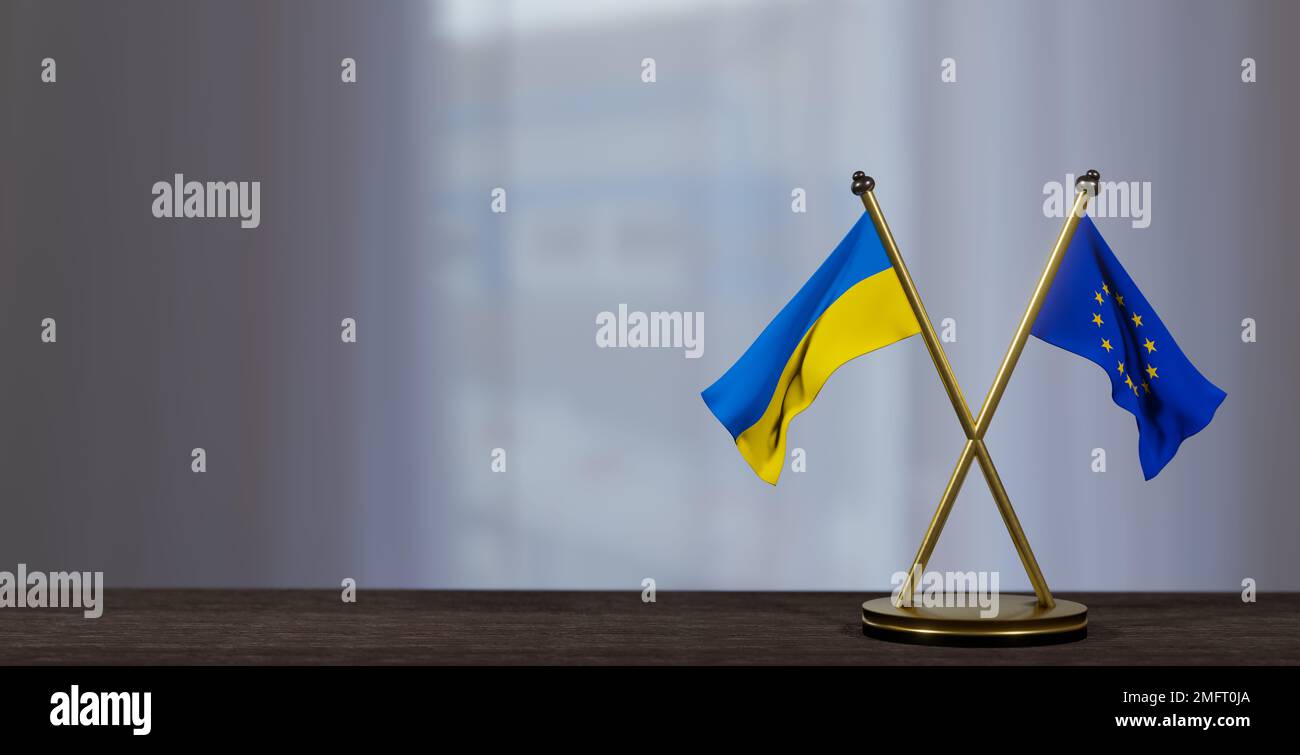 Ukraine and Europe flags on table. Negotiation between Europe and Ukraine. on little blur background. 3D work and 3D image Stock Photo