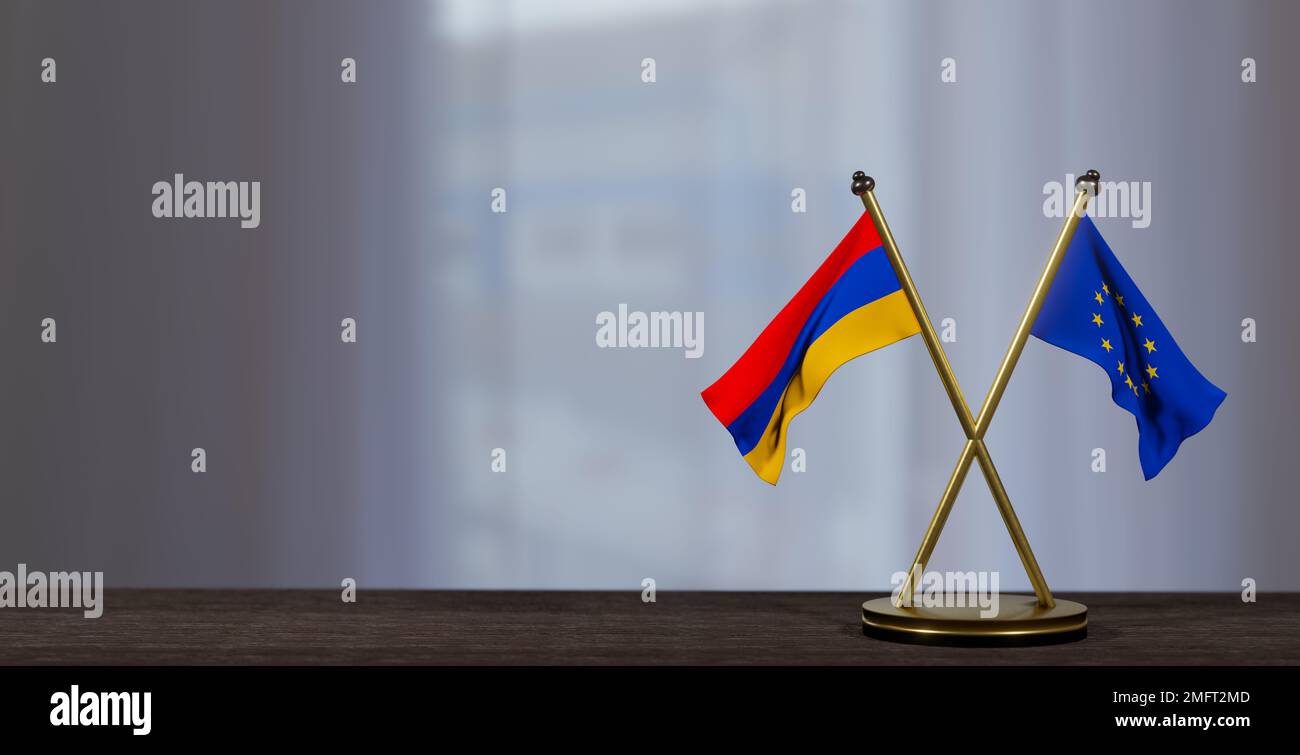 Armenia and Europe flags on table. Negotiation between Europe and Armenia. on little blur background. 3D work and 3D image Stock Photo