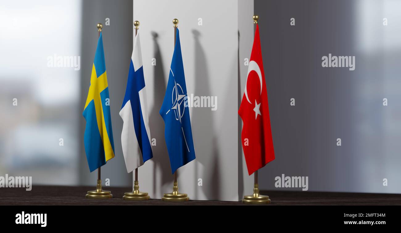 Sweden and Finland to join NATO. Flag Finland, flag Sweden, flag turkey and flag NATO. NATO