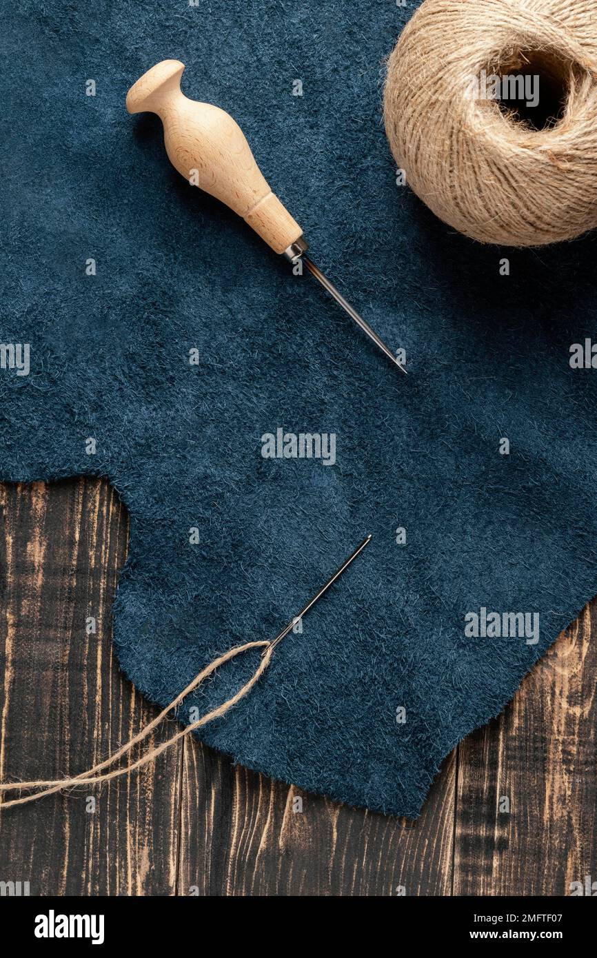 flat lay fabric thread arrangement Stock Photo