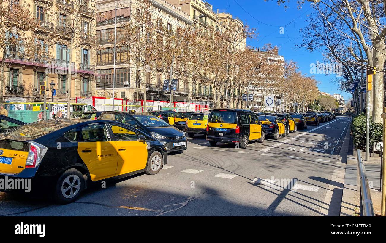 Barcelona, Catalunya, Spain - January 25th 2023. taxi strike in Barcelona continues bloking the streets Stock Photo