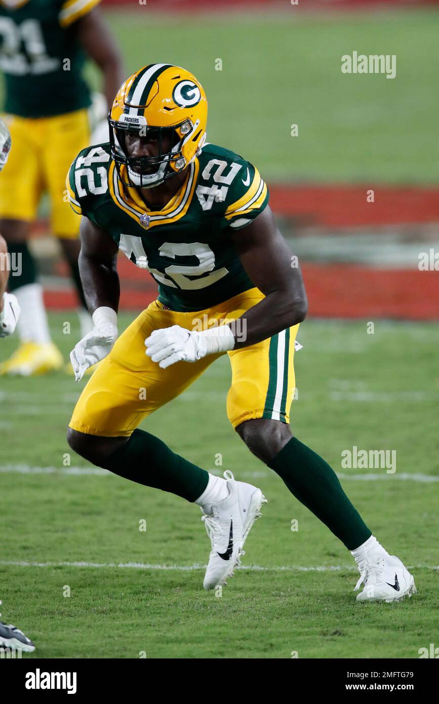 Green Bay Packers inside linebacker Oren Burks (42) lines up against the  Tampa Bay Buccaneers during an NFL football game Sunday, Oct. 18, 2020, in  Tampa, Fla. (Jeff Haynes/AP Images for Panini