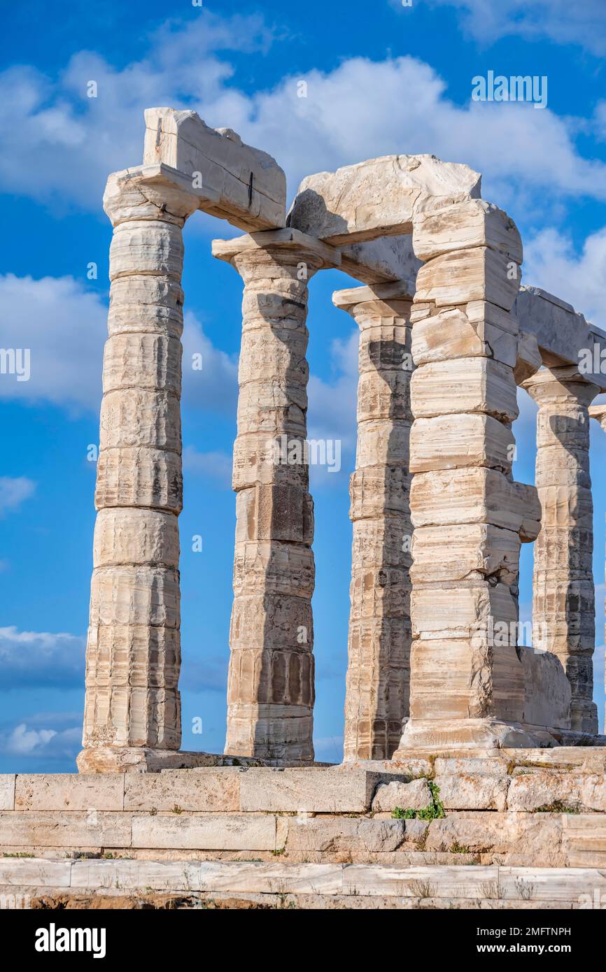 Ruin and columns of the ancient Temple of Poseidon, Cape Sounion, Attica, Greece Stock Photo