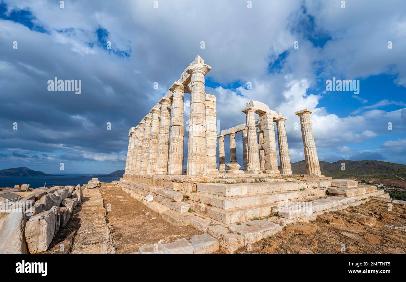 Ruin and columns of the ancient Temple of Poseidon, Cape Sounion ...