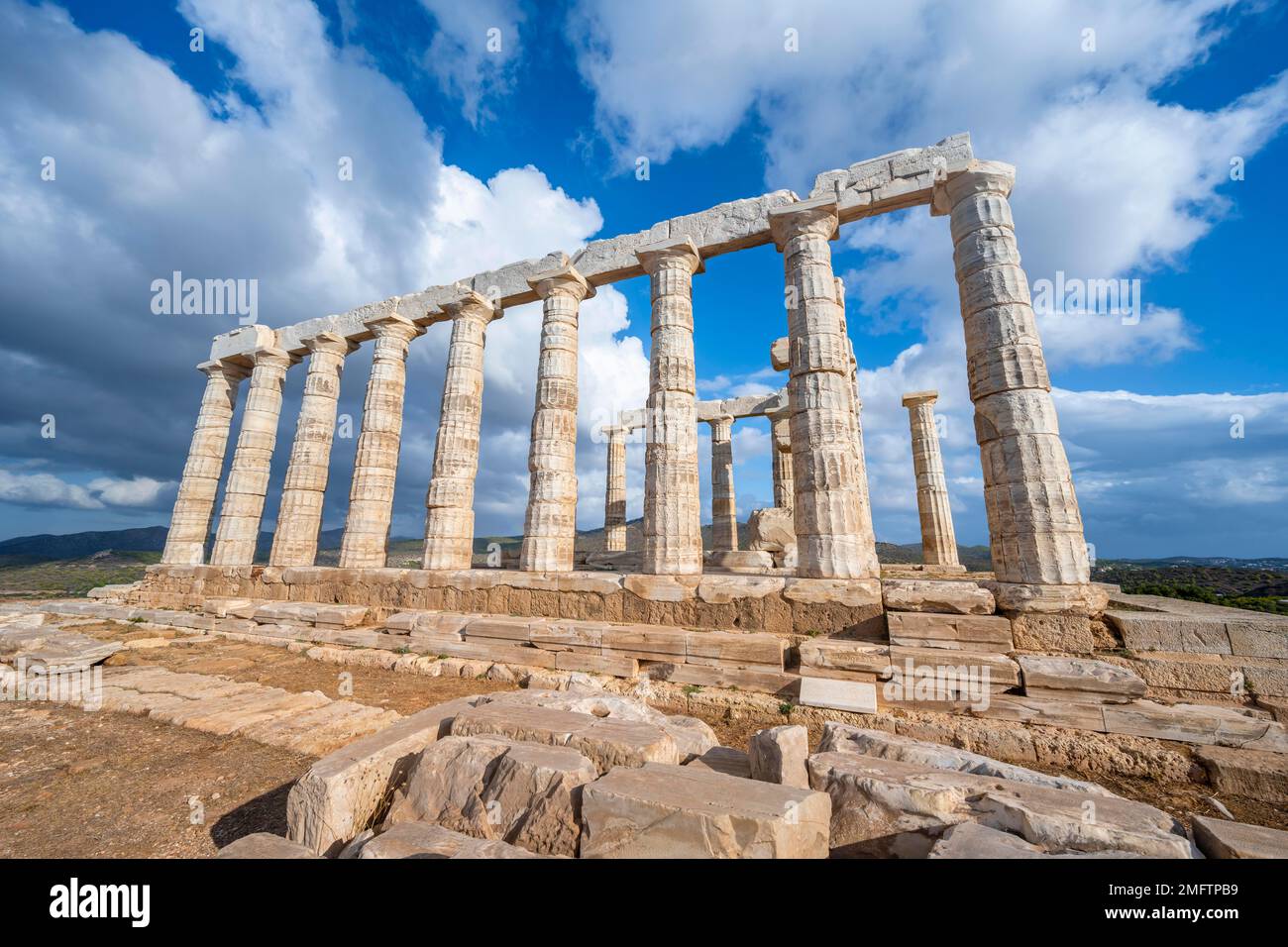 Ruin and columns of the ancient Temple of Poseidon, Cape Sounion ...