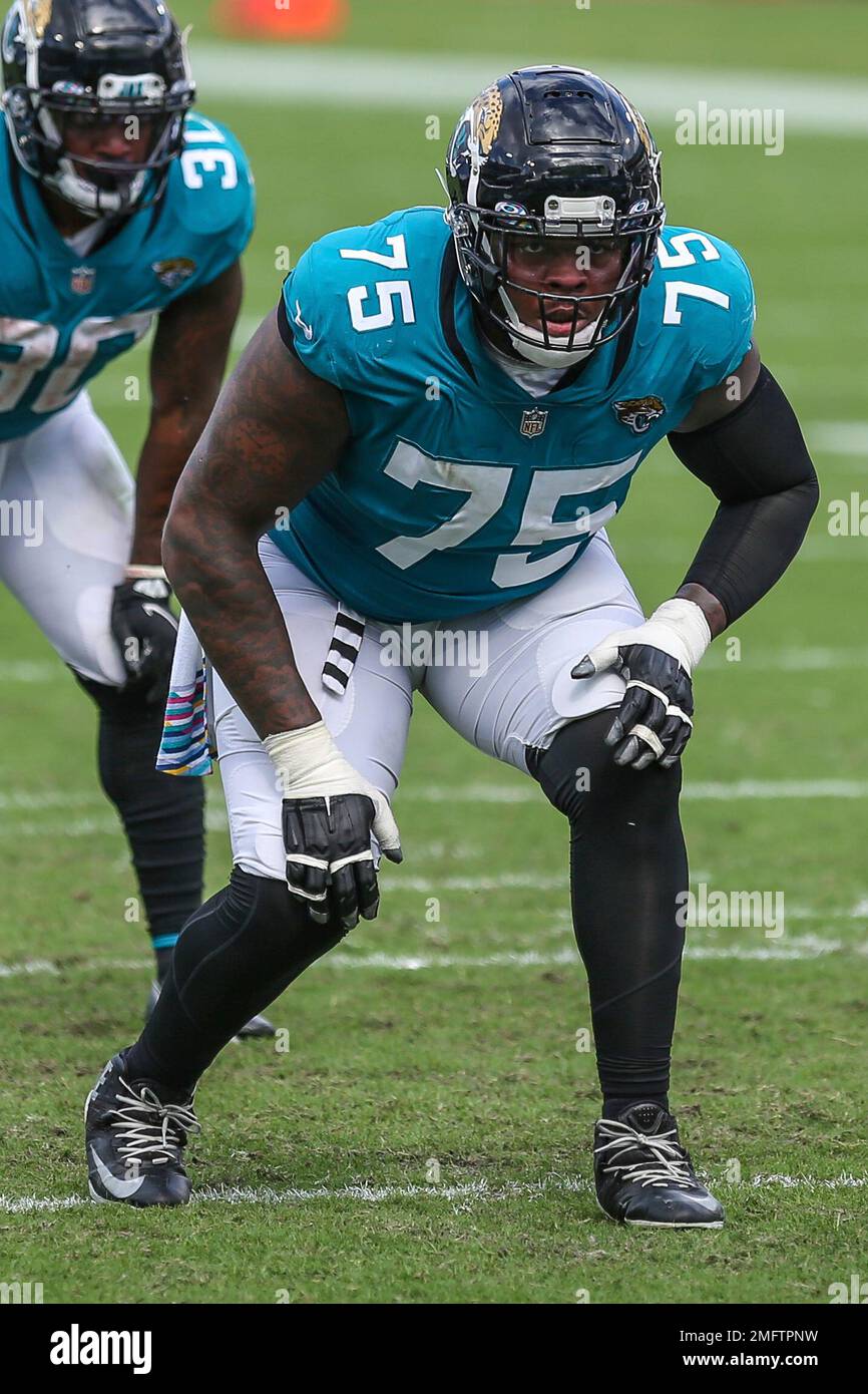 Jacksonville Jaguars offensive tackle Jawaan Taylor (75) during the second  half of an NFL football game against the Detroit Lions, Sunday, Oct. 18,  2020, in Jacksonville, Fla. (AP Photo/Gary McCullough Stock Photo - Alamy