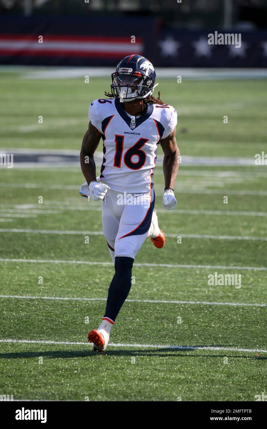 Denver Broncos wide receiver Tyrie Cleveland (16) plays against the  Tennessee Titans during the first half of an NFL football game Sunday, Nov.  13, 2022, in Nashville, Tenn. (AP Photo/Mark Zaleski Stock