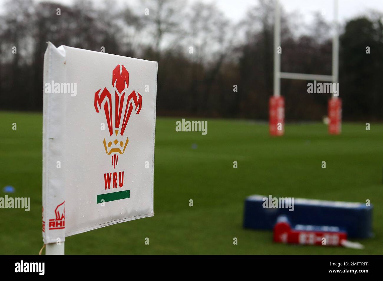 Cardiff, UK. 25th Jan, 2023. A general view of the WRU, Welsh Rugby Union logo on a touchline flag during the Wales rugby training session, Vale of Glamorgan on Wednesday 25th January 2023. The team are preparing for this years Guinness Six nations championship . pic by Andrew Orchard/Andrew Orchard sports photography/ Alamy Live News Credit: Andrew Orchard sports photography/Alamy Live News Stock Photo