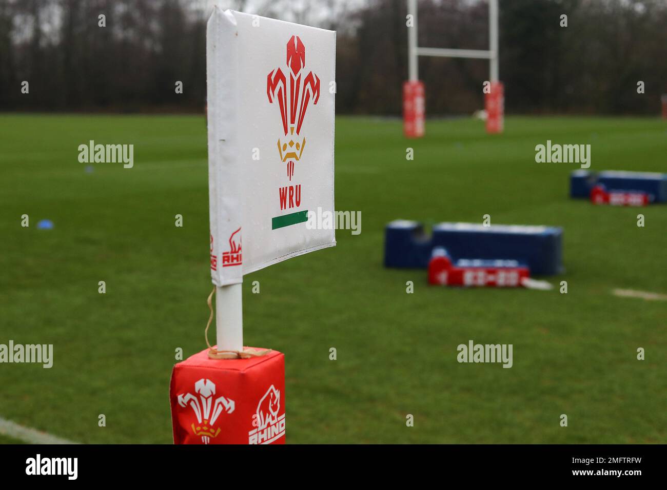 Cardiff, UK. 25th Jan, 2023. A general view of the WRU, Welsh Rugby Union logo on a touchline flag during the Wales rugby training session, Vale of Glamorgan on Wednesday 25th January 2023. The team are preparing for this years Guinness Six nations championship . pic by Andrew Orchard/Andrew Orchard sports photography/ Alamy Live News Credit: Andrew Orchard sports photography/Alamy Live News Stock Photo