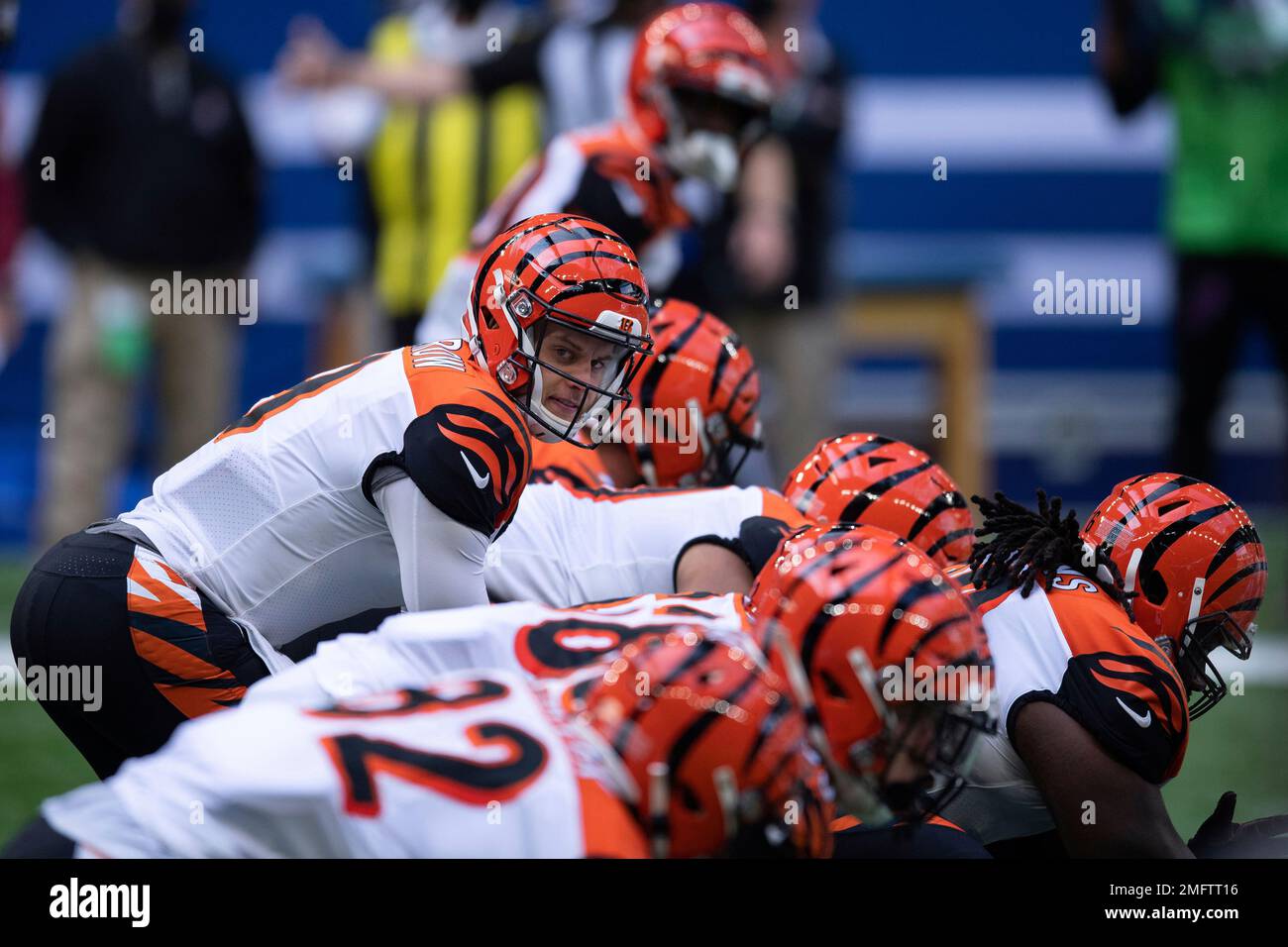 Cincinnati Bengals quarterback Joe Burrow (9) looks out to his receivers  during an NFL football game between the Indianapolis Colts and Cincinnati  Bengals, Sunday, Oct. 18, 2020, in Indianapolis. (AP Photo/Zach Bolinger