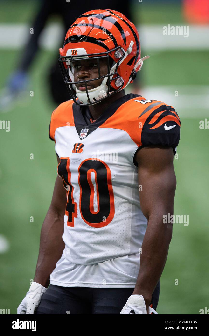 Cincinnati Bengals safety Brandon Wilson (40) warms up on the field before  an NFL football game between the Indianapolis Colts and Cincinnati Bengals,  Sunday, Oct. 18, 2020, in Indianapolis. (AP Photo/Zach Bolinger