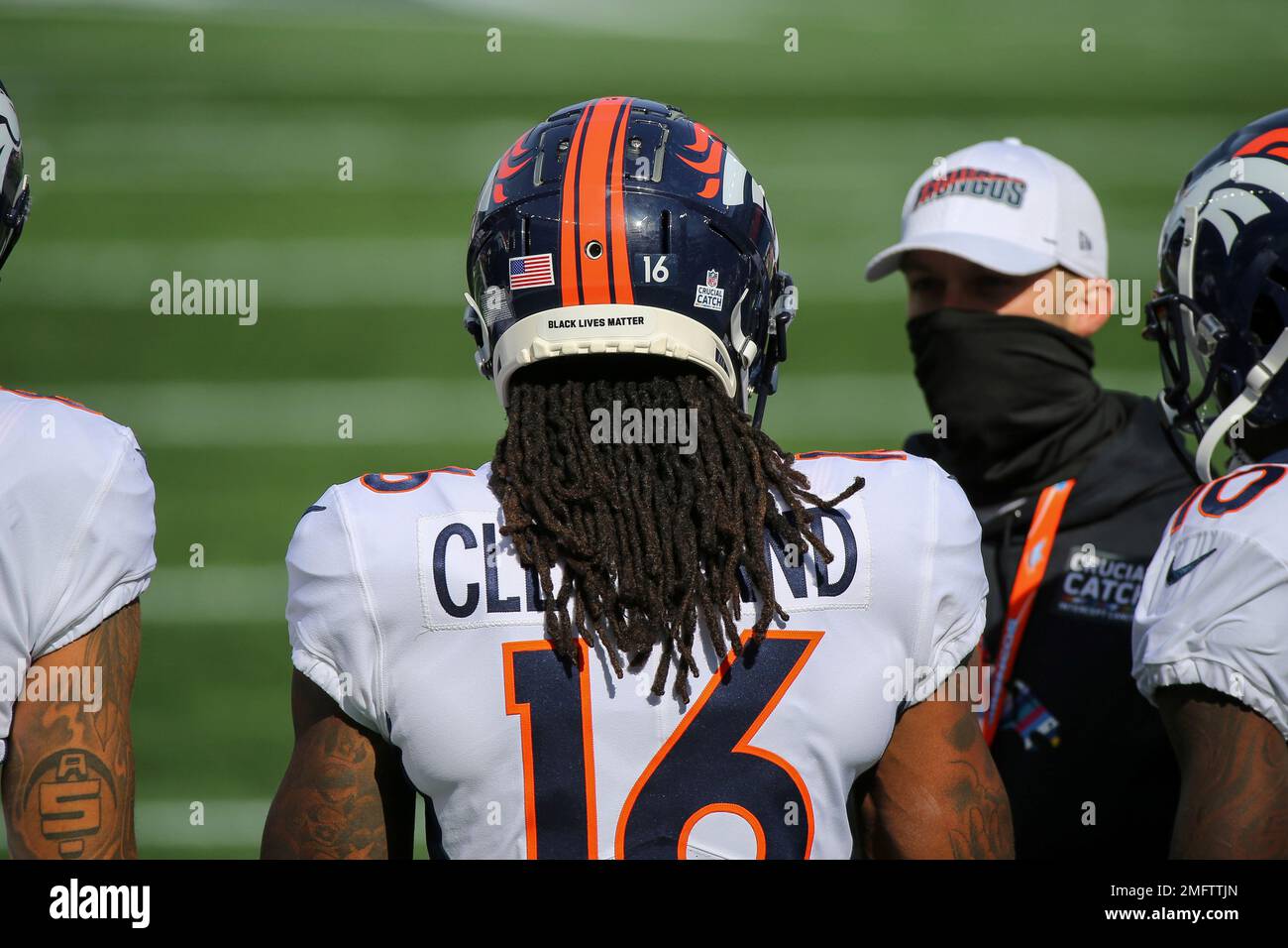 Denver Broncos wide receiver Tyrie Cleveland (16) plays against the Tennessee  Titans during the first half of an NFL football game Sunday, Nov. 13, 2022,  in Nashville, Tenn. (AP Photo/Mark Zaleski Stock