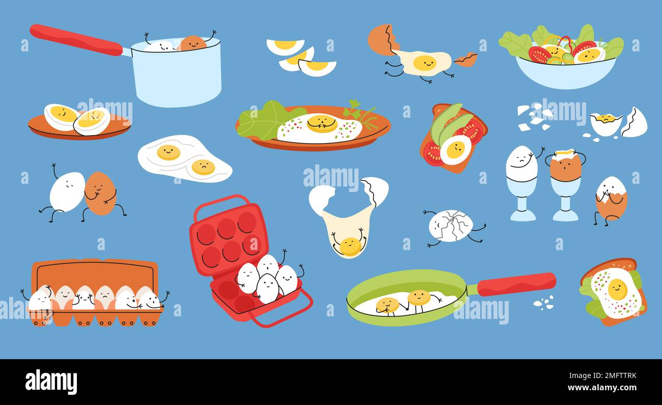 Eggs friends characters. Funny egg, breakfast menu cartoon food. Kawaii various yolk emotions. Healthy sandwich, easter, adorable lunch decent vector Stock Vector