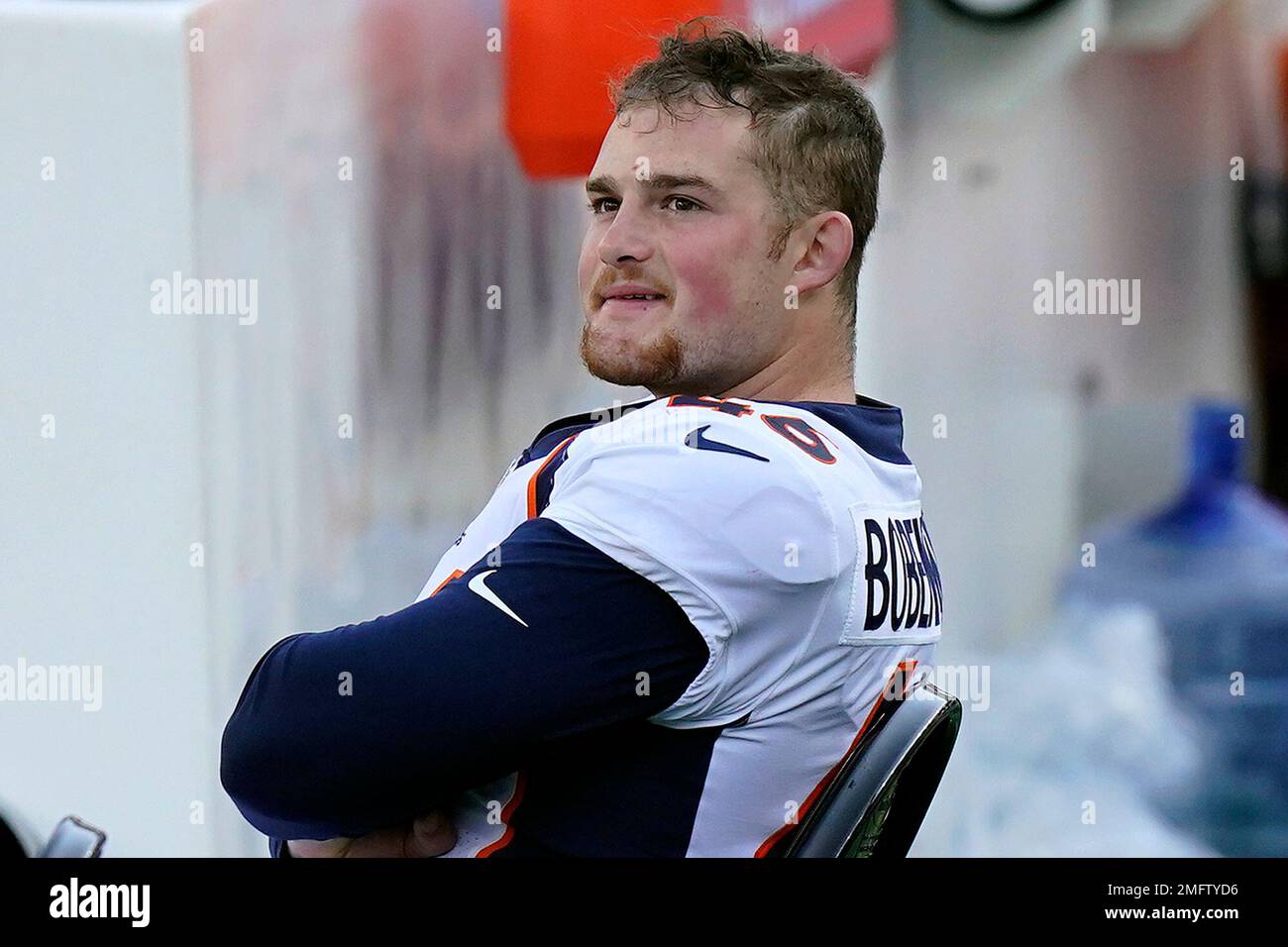 Denver Broncos long snapper Jacob Bobenmoyer walks off the field after a  preseason NFL football game against the Buffalo Bills in Orchard Park,  N.Y., Saturday, Aug. 20, 2022. (AP Photo/Adrian Kraus Stock