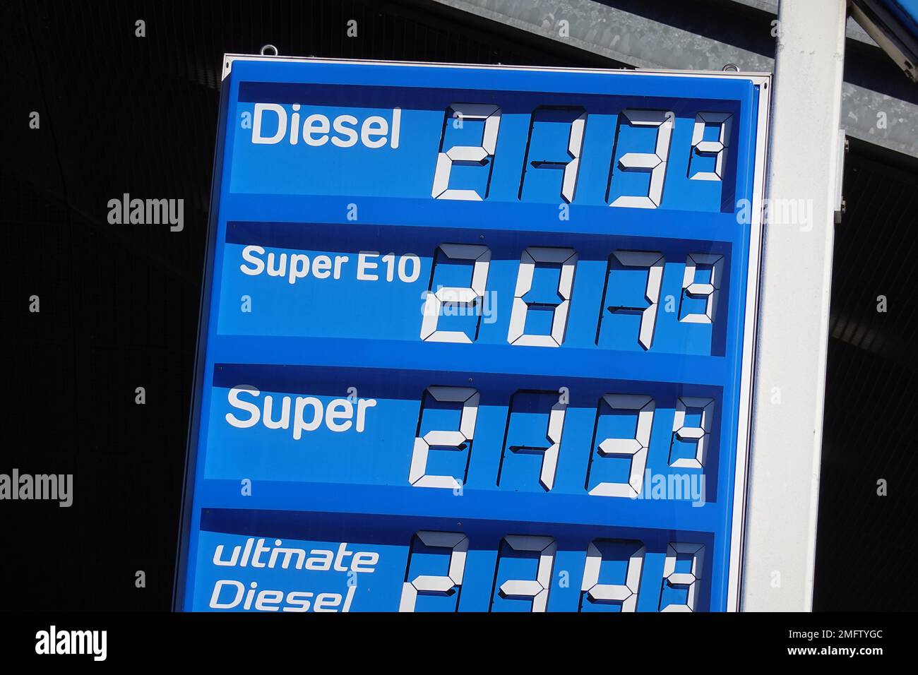 Hannover, Germany - March 8, 2022 : Sign displays gas prices for diesel and super petrol at all-time high Stock Photo