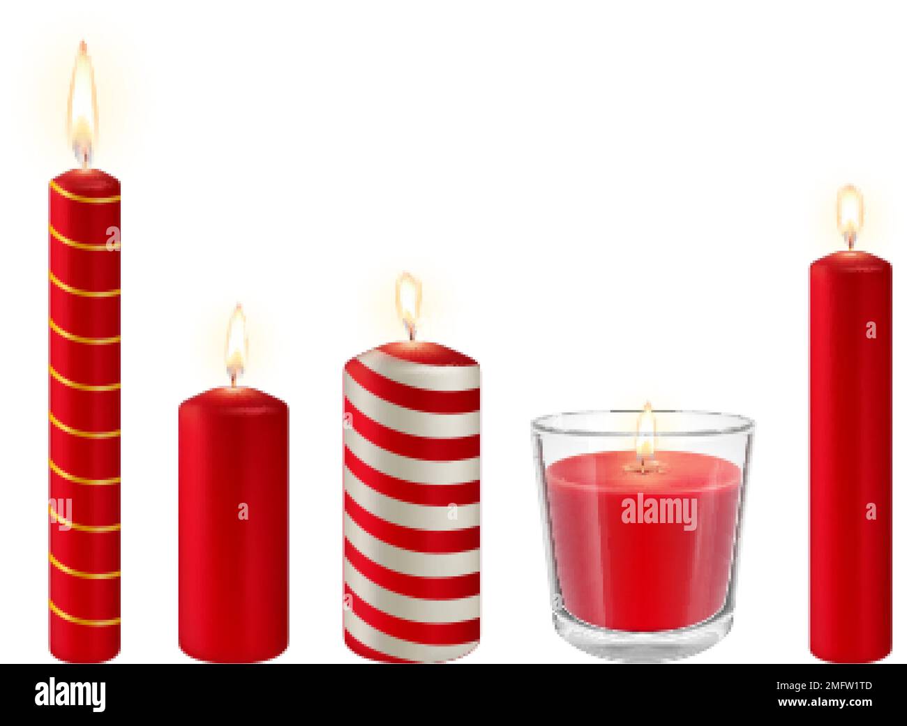 Realistic red candles isolated set. Wax candle in glass, with silver