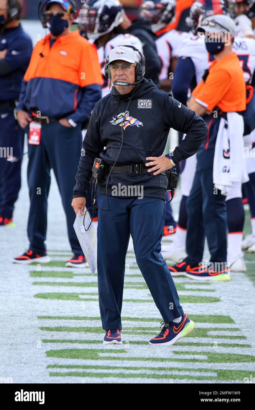 Denver Broncos head coach Vic Fangio wears a Crucial Catch pass on his  sweatshirt during the second half of an NFL football game against the New  England Patriots, Sunday, Oct. 18, 2020,