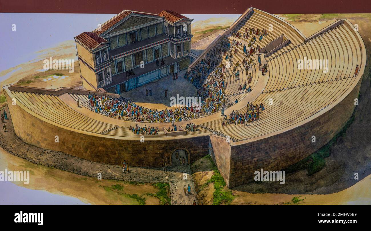 Reconstruction drawing, Hellenistic ancient theatre from the 3rd century BC with grandiose panorama, ruins of the city of Segesta founded by the Stock Photo