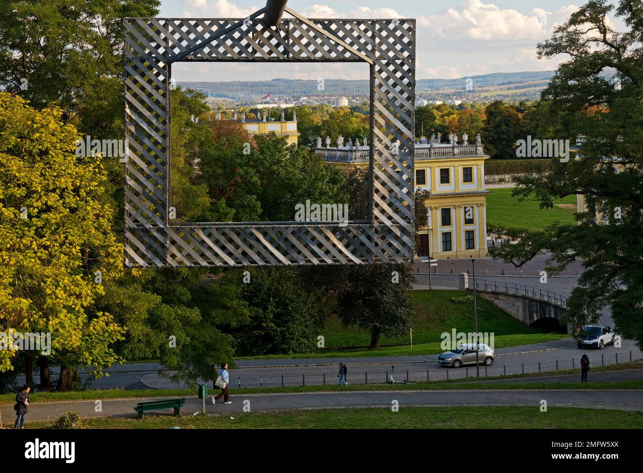 The frame building by Haus-Rucker-Co erected for documenta 6 opens onto the park Karlsaue, Kassel, Hesse, Germany Stock Photo