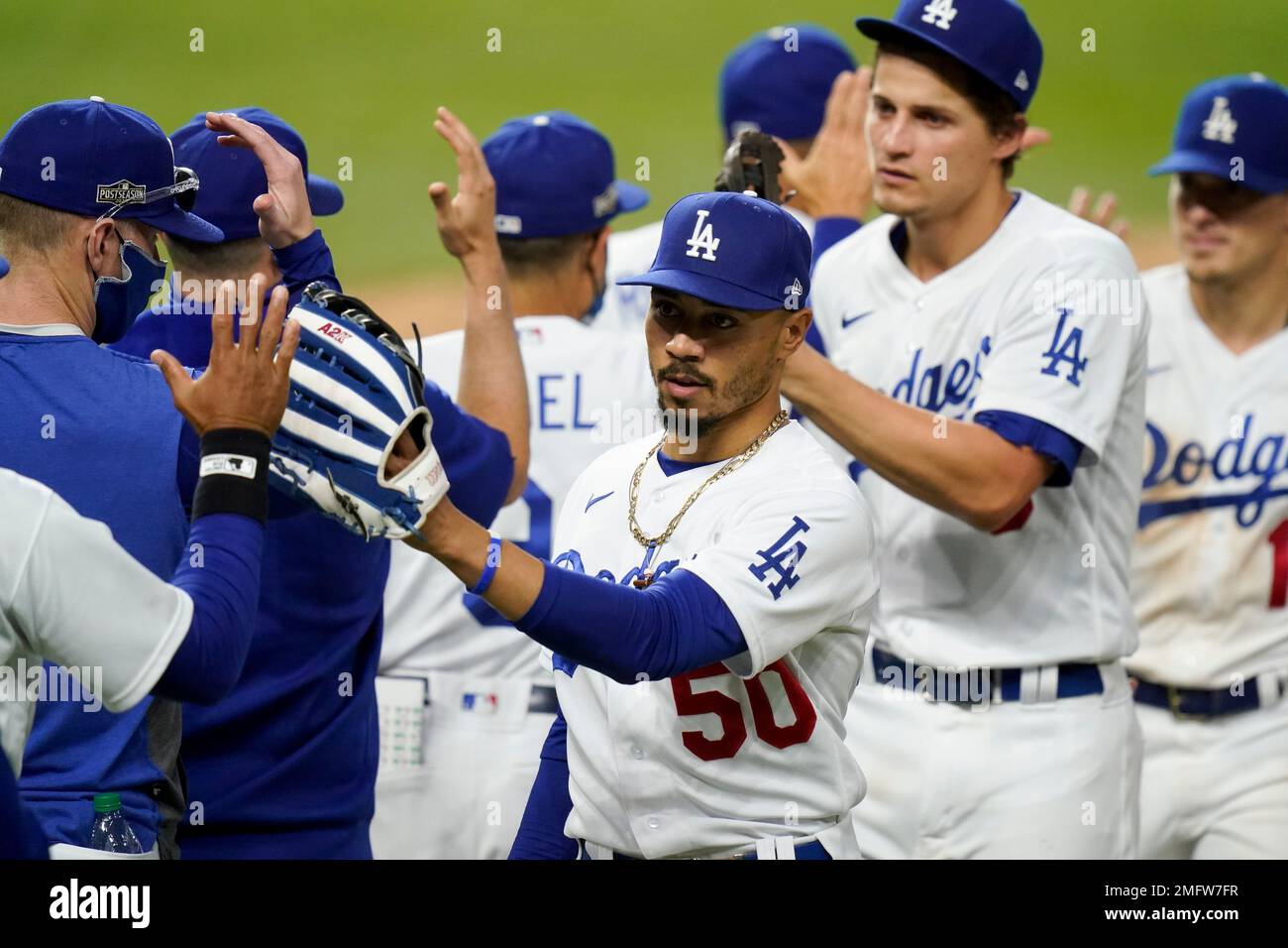 Los Angeles Dodgers right fielder Mookie Betts celebrates their win in Game  6 of a baseball National League Championship Series against the Atlanta  Braves Saturday, Oct. 17, 2020, in Arlington, Texas. (AP