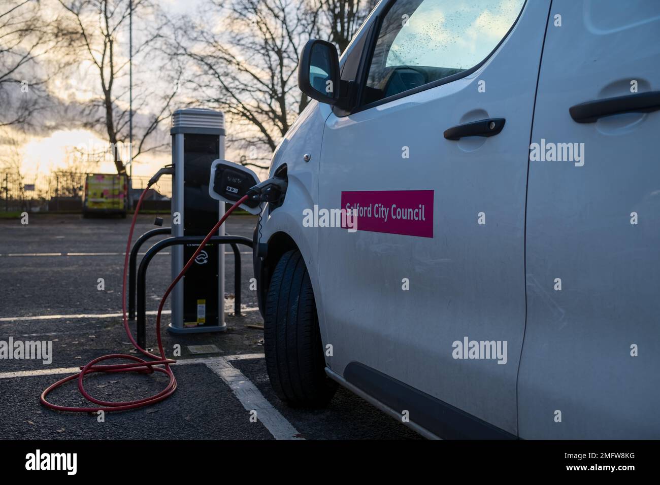 Salford Greater Manchester UK 2023 Salford Council Electric Vehicle Being Charged Up At Charging 