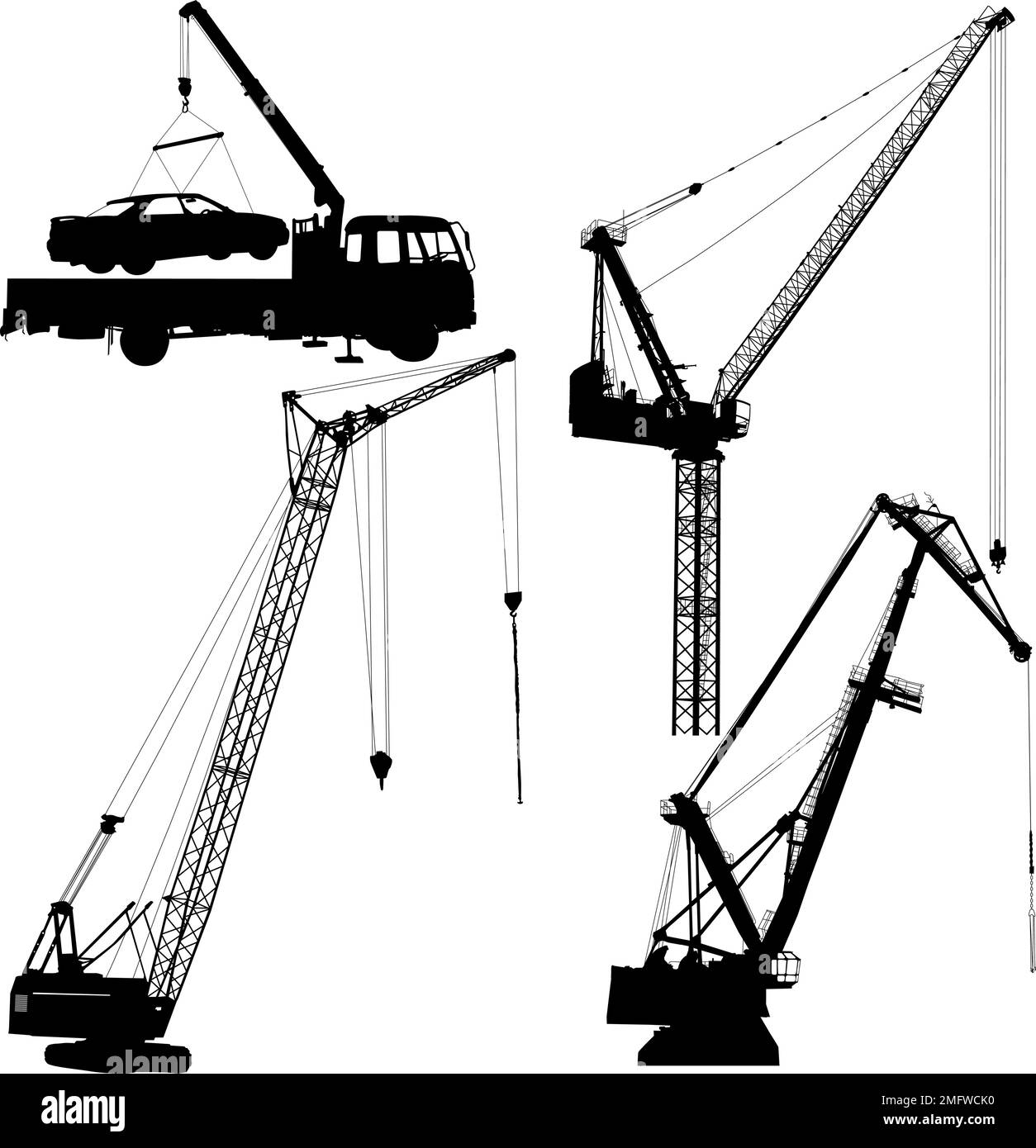 Set of black hoisting cranes isolated on white background Stock Vector