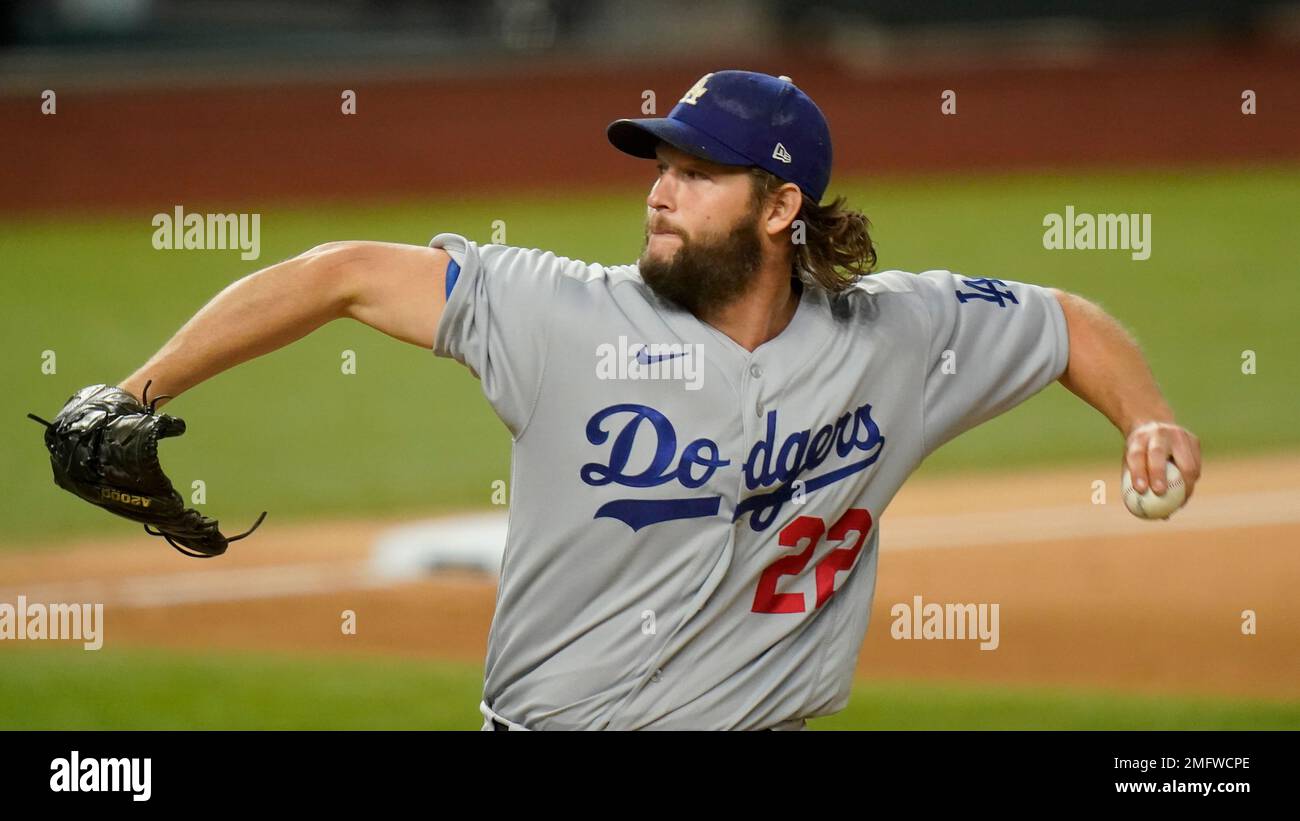 Los Angeles Dodgers starting pitcher Clayton Kershaw throws against the  Atlanta Braves during the second inning in Game 4 of a baseball National  League Championship Series Thursday, Oct. 15, 2020, in Arlington