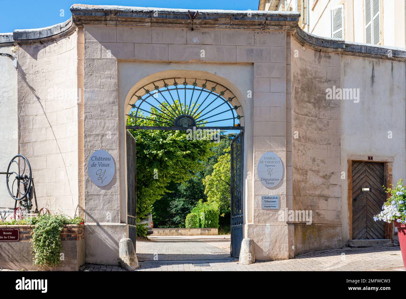 Entrance to Chateau de Vaux winery Stock Photo